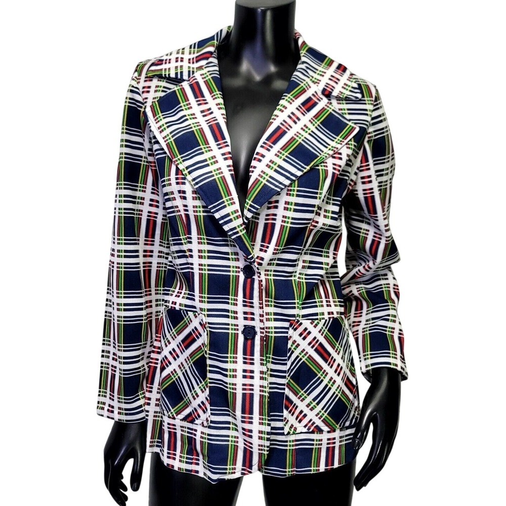 Vintage 70s Plaid Blazer Navy Green Dbl Knit Polyester Leisure Disco Jacket